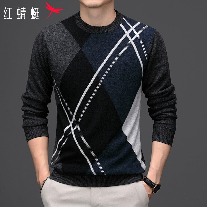 紅蜻蜓圓領毛衣男士羊毛針織衫中年潮流商務休閑羊絨打底衫男線衣
