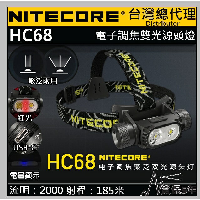 【電筒王】(單電池) Nitecore HC68 2000流明 電子調焦 聚泛光 雙光源頭燈 紅光照明 USB-C 強光