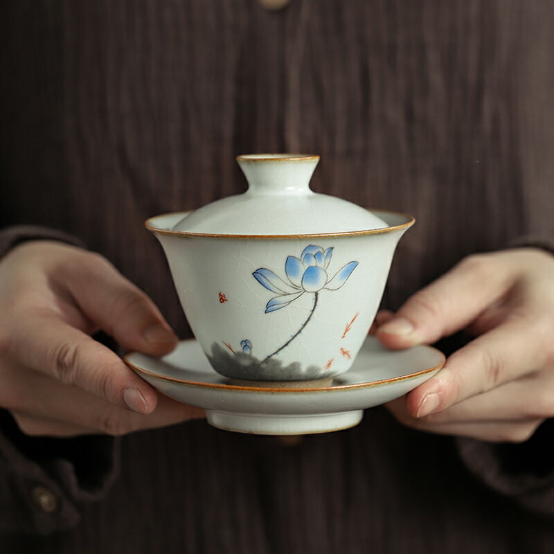 三才蓋碗茶杯單個復古手繪蓋碗小號功夫茶泡茶碗陶瓷汝窯茶具蓋碗