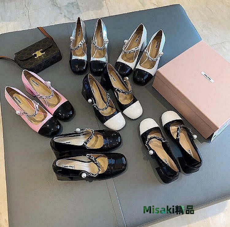 【百信精品】MIUMIU方跟瑪麗珍鞋2021年春夏新款復古拼色珍珠一字帶瑪麗代購-Misaki精品