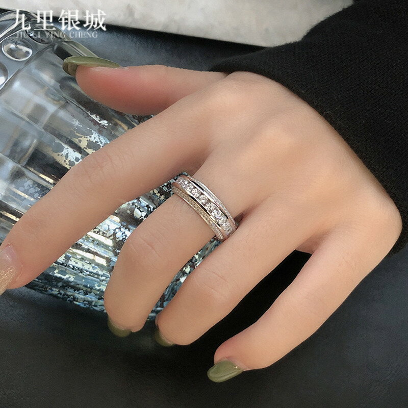 S925銀微鑲鋯石銀戒指復古百搭滿鉆水鉆時尚個性開口戒子食指指環