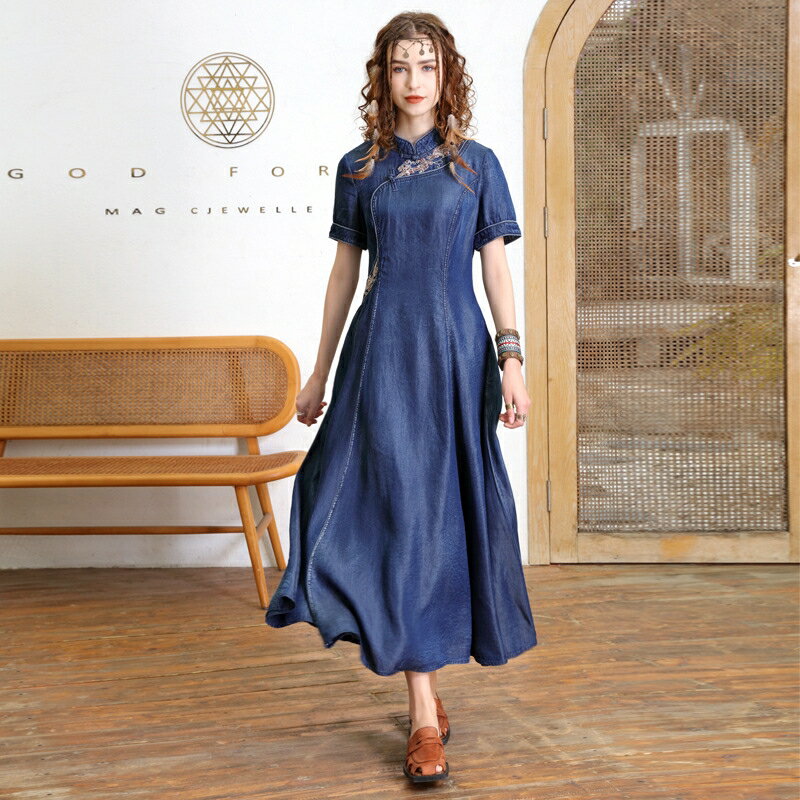 現貨+預購 女新中式旗袍連身裙改良旗袍短袖牛仔長裙A字裙子休閒大尺碼女裝(盤扣刺繡74ku89)【獨家進口】【米蘭精品】