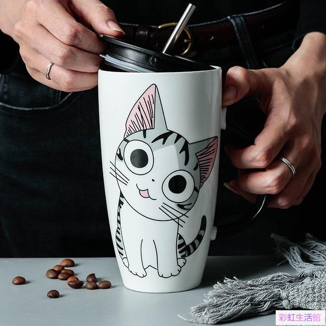 高密度650ml可愛貓貓陶瓷馬克杯帶蓋勺陶瓷大水杯大容量純白色咖啡杯子