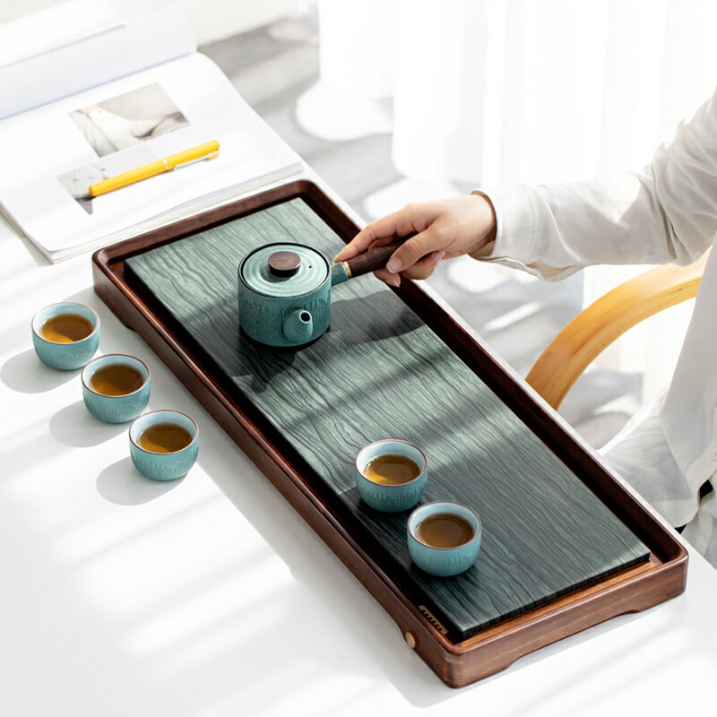 綠木紋重竹茶盤家用輕奢現代排水式干泡盤桌面茶海茶具托盤套裝