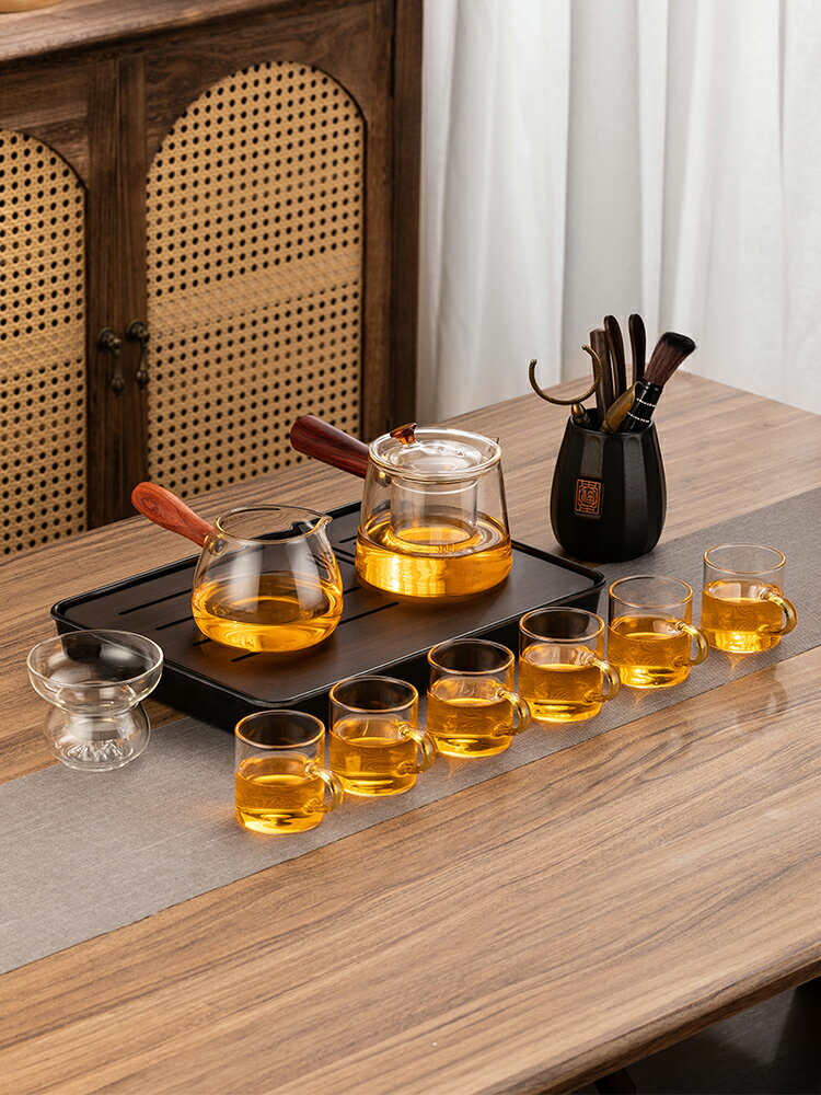 玻璃茶具套裝家用輕奢高檔側把功夫茶杯泡茶壺辦公室會客茶器整套