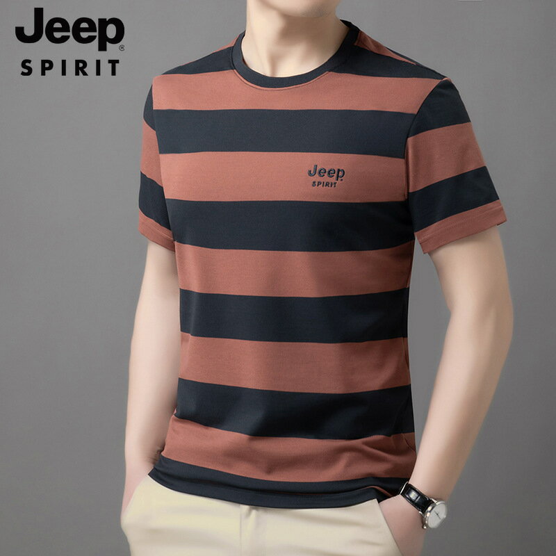 JEEP SPIRIT男圓領短袖繡花百搭T恤衫條紋體恤衫中青年爸爸裝短袖#Hi, 享樂百貨#