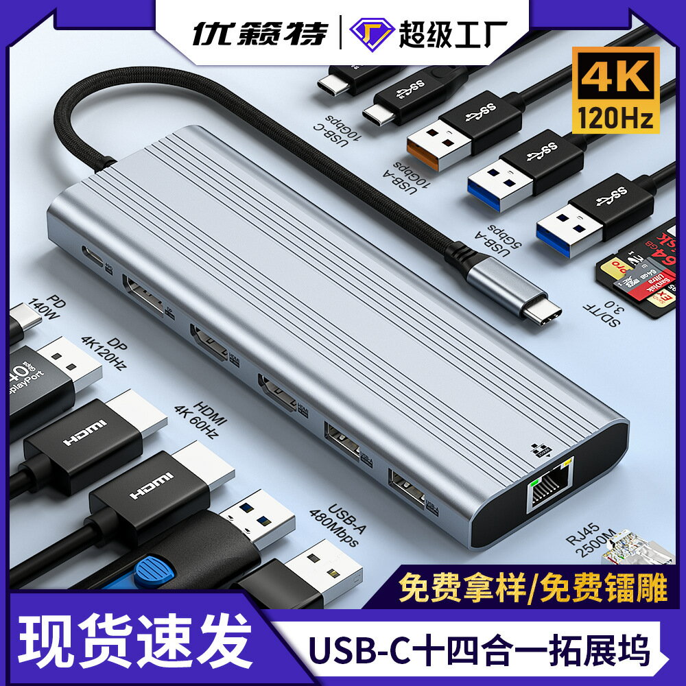 【三屏異顯4K120Hz】Type-C擴充套件塢 集線器 USB-C轉接器 筆電擴充座 多功能轉接頭 十四合一 高速傳輸 支援PD快充 適用MacBook/筆電 辦公娛樂必備