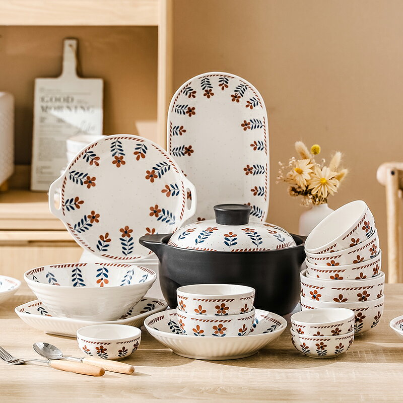 復古小花碗碟餐具套裝家用日式陶瓷餐具組合喬遷高檔新款碗筷套裝