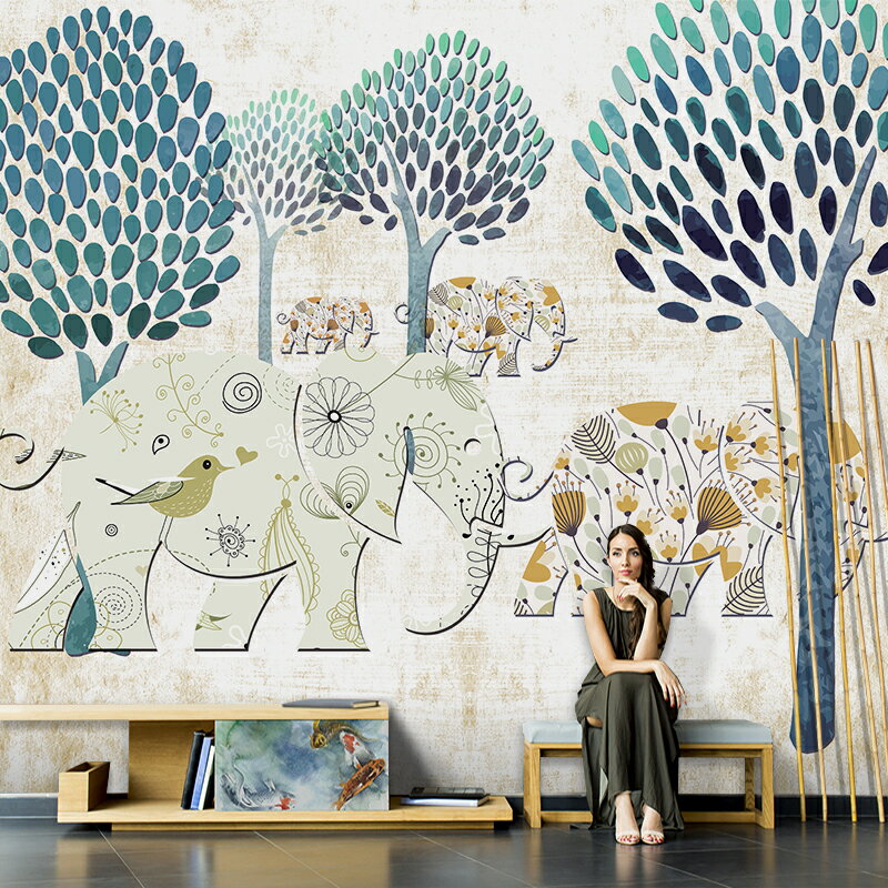 東南亞墻紙手繪卡通大象壁畫墻布背景墻幼兒園墻紙泰式餐廳壁紙