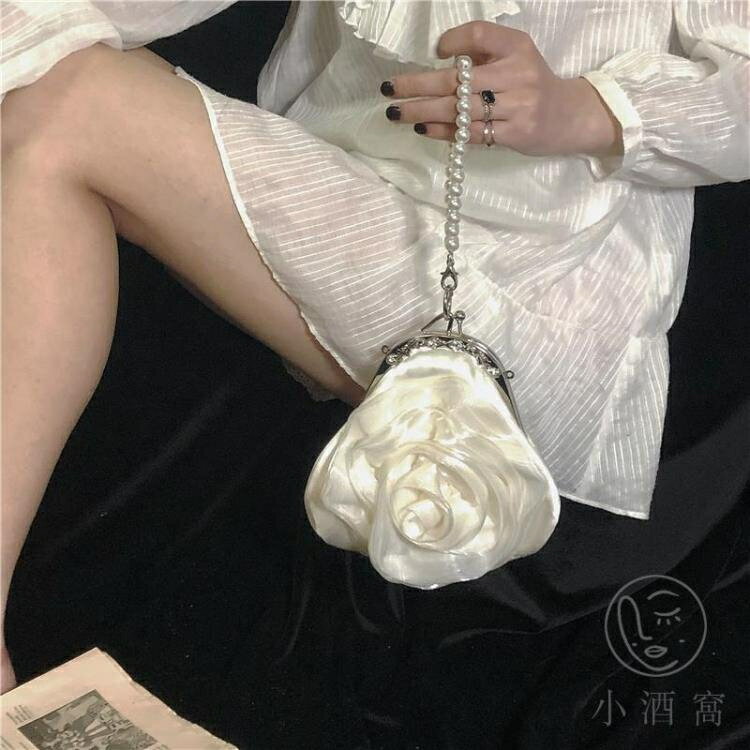 花朵包包女復古珍珠手拎晚宴包宴會包斜背手提包小包 全館免運