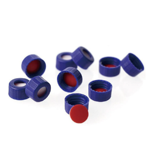 vial瓶用蓋及紅PTFE/白Silicone墊片,2mL,9-425螺牙,藍色(低型)中孔,C0000145 | ALWSCI【東昇】