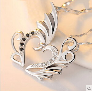 925純銀韓國天使翅膀情侶戀人項鏈一對 潮男女士鑲鉆愛心形吊墜