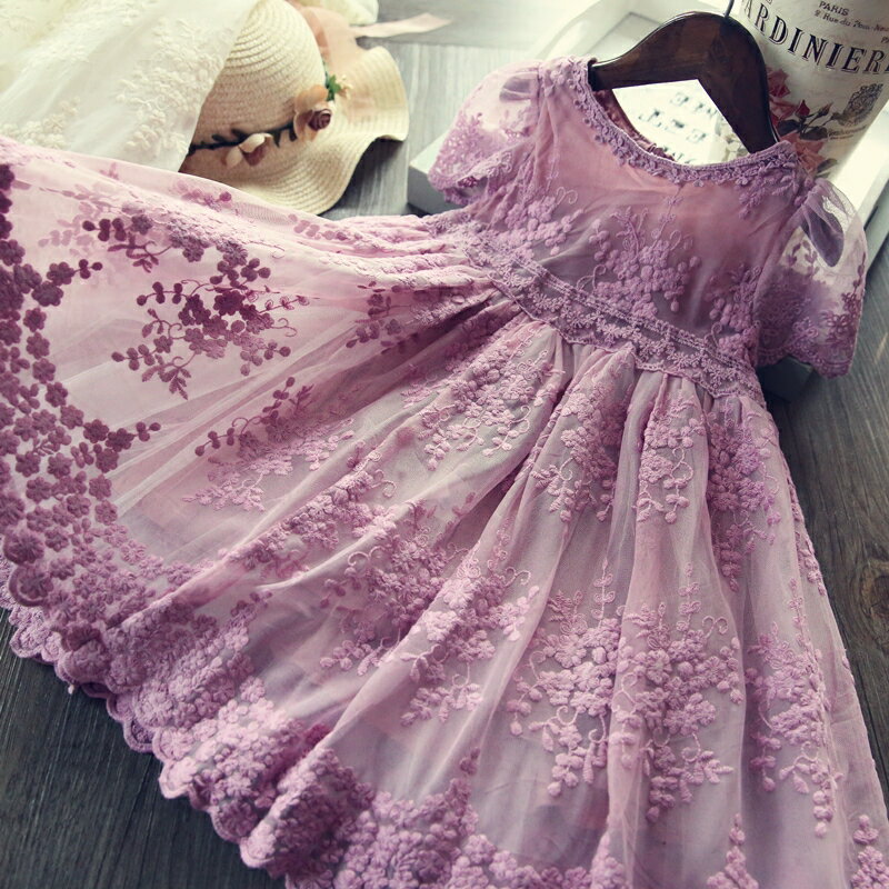 女童童裝春夏季刺繡網紗休閑連衣裙洋氣荷葉狀短袖純色