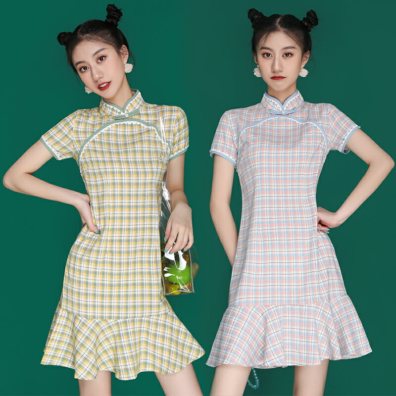 年新款日常改良短款格子旗袍年輕款少女小個子連衣裙學生夏