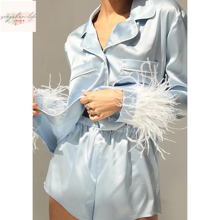 睡衣 家居服 長袖短褲睡衣 薄款模擬絲睡衣 兩件套裝小清新家居服批發