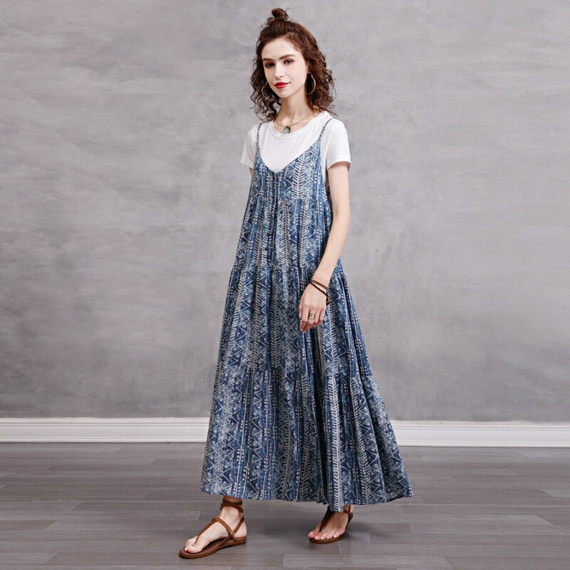 現貨+預購 新中式吊帶裙連身裙棉麻長裙(蠟染印花清新小眾女裙子74ku75)【獨家進口】【米蘭精品】