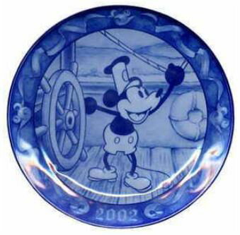 日本迪士尼米奇Mickey1982蒸汽船限量收藏藍瓷裝飾盤-2002年紀念版(全球序號0561)，餐具組/環保/開學/便當盒/碗/湯碗/碟子/盤/母親節禮物，X射線【C242575】