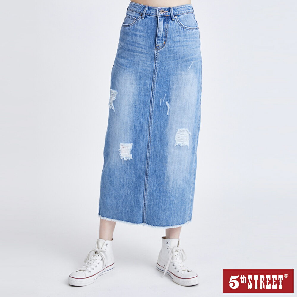 女裝 高腰抽鬚牛仔長裙-拔淺藍 (980030) 【5th STREET】【全館滿$3000贈環保餐具收納包】