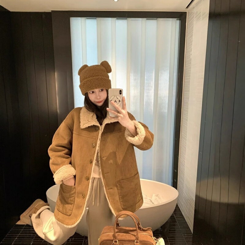 【巴黎精品】羊羔毛外套皮衣夾克-皮毛一體絨面大翻領雙面穿皮革大衣女外套a1it66