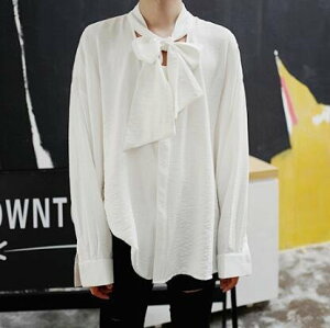 FINDSENSE Z1 韓國 時尚 潮 男 寬鬆大尺碼 胸前綁帶蝴蝶結設計 長袖襯衫 特色襯衫