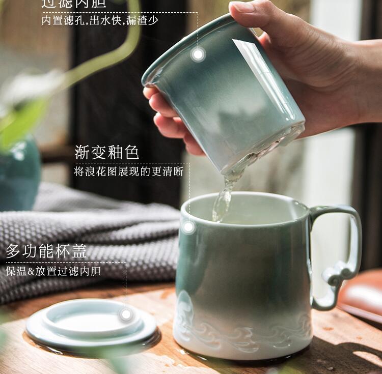 尚滿堂 觀滄海泡茶杯 陶瓷帶蓋過濾馬克杯辦公室喝茶杯茶水分離杯「限時特惠」