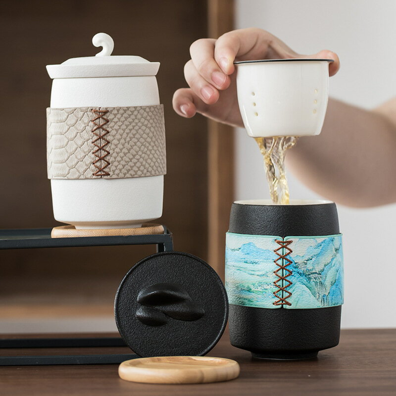 陶瓷旅行茶具快客杯帶蓋帶過濾茶杯簡約戶外便攜式隨身包LOGO