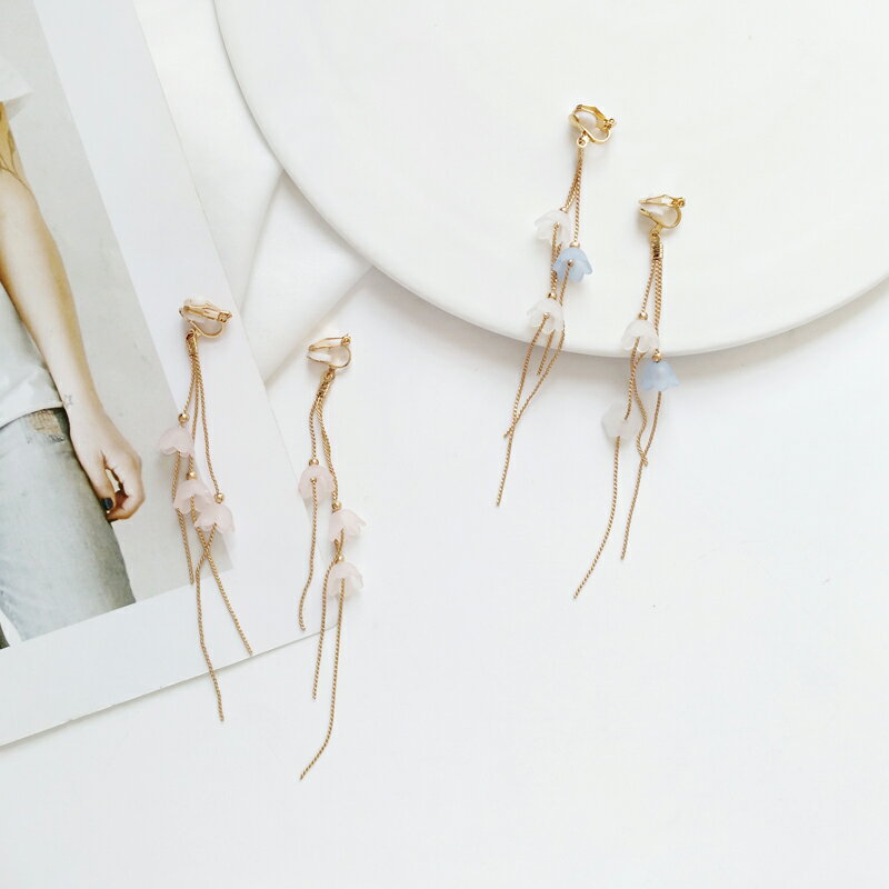 一個女孩的衣櫥-韓國東大門- 韓國南大門商圈NO.1 粉紅*粉藍小長鏈夢幻甜美氣質耳環&耳夾 2色