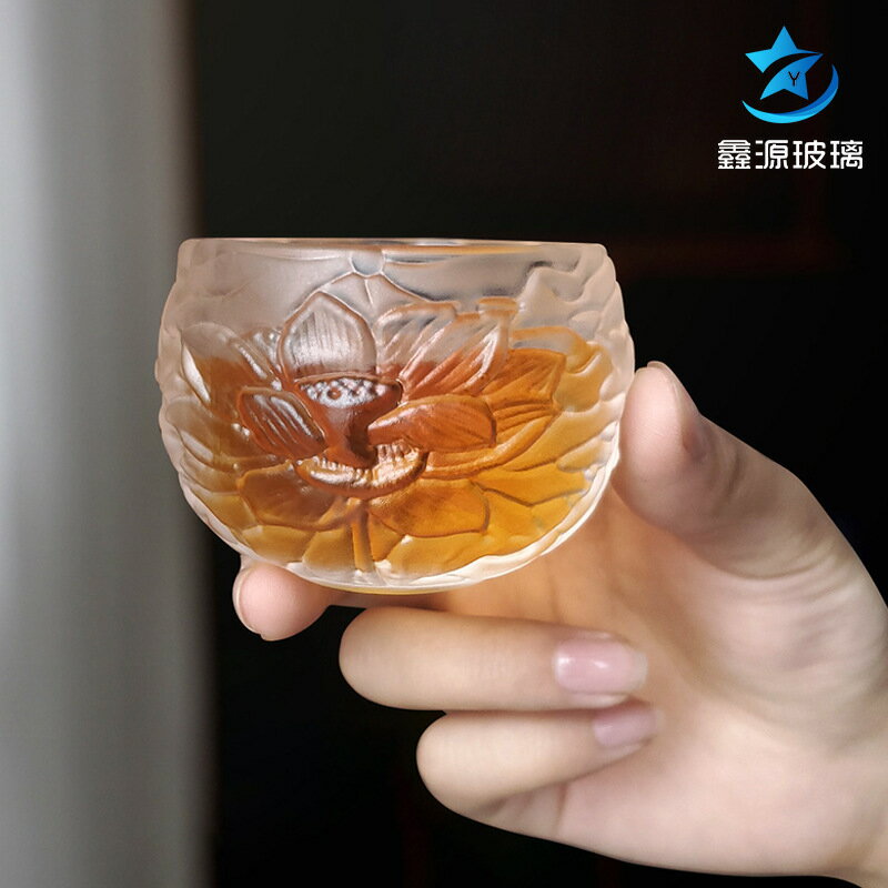 水晶浮雕蓮花主人杯單個喝茶茶盞品茗杯功夫茶具茶杯玻璃小杯子