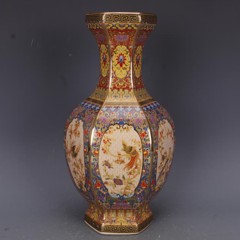 清乾隆爬花描金琺瑯彩花鳥六方瓶仿古瓷器家居中式擺件古董古玩1入| 銀