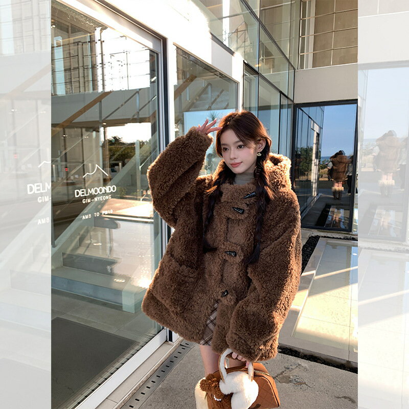 現貨+預購 皮草外套羊毛大衣-保暖全羊毛減齡連帽女外套3色74iq6【獨家進口】【米蘭精品】