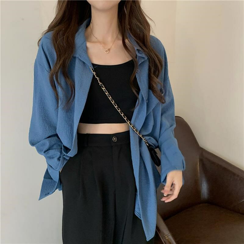 春季韓版新款寬松大版休閑情侶款純色薄款長袖襯衫外套女ins