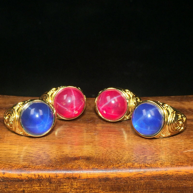 古玩收藏鎏金戒指精工鑲嵌星光紅藍寶石開口男女款指環民族風手飾
