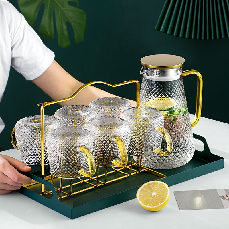 日式錘紋玻璃杯家用耐熱高溫水杯套裝客廳待客泡茶杯帶把輕奢杯子