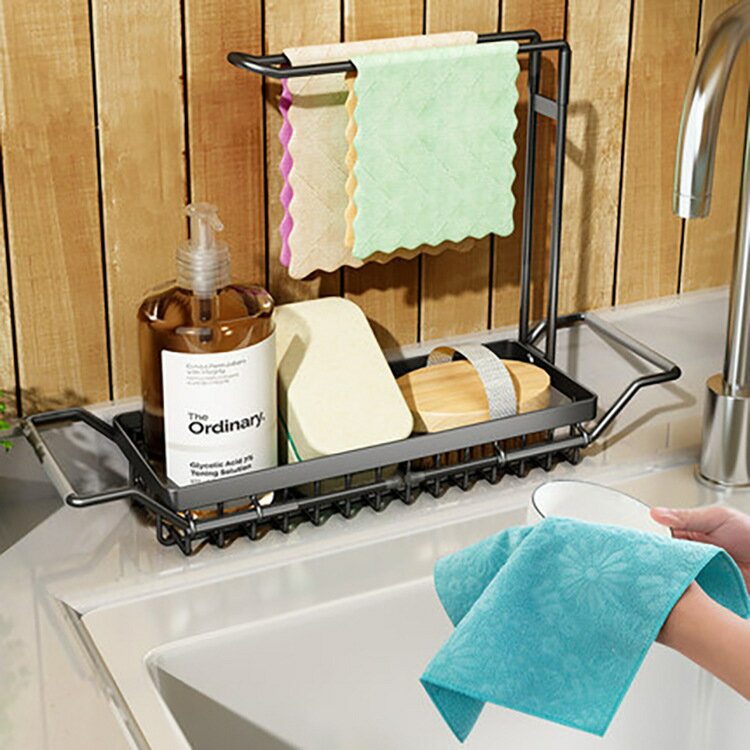 廚房不銹鋼抹布架水槽瀝水收納毛巾水龍頭家用可伸縮置物架