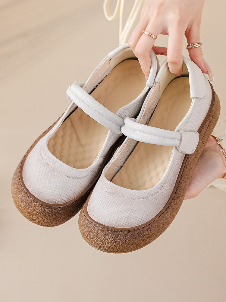 含運 頭層牛皮圓頭復古瑪麗珍單鞋春秋舒適中老年真皮媽媽鞋軟底女皮鞋 3