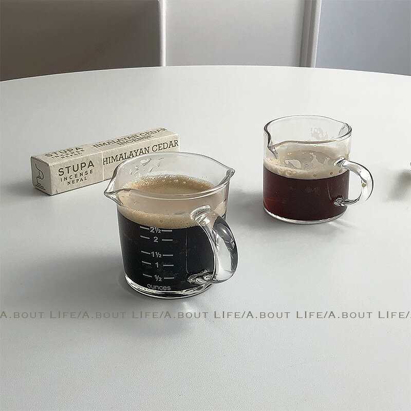espresso濃縮杯帶刻度雙嘴寬口咖啡量杯 耐熱耐高溫玻璃小奶盅ins
