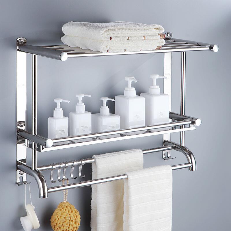 免打孔304不銹鋼毛巾架洗手間浴巾架掛衛生間置物架壁掛雙層浴室