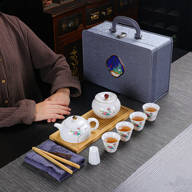 茶盤 商務禮品陶瓷功夫茶具茶盤羊脂玉旅行茶具便攜快客杯茶壺加印LOGO