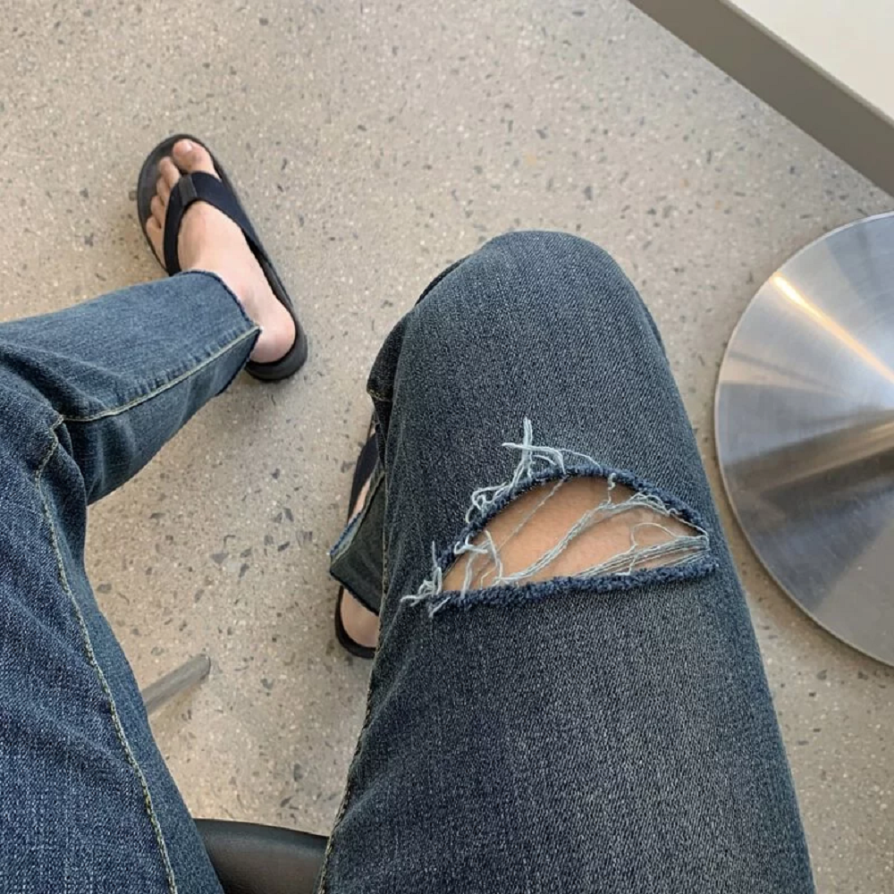 韓國單邊刀割水洗暗藍牛仔長褲 5