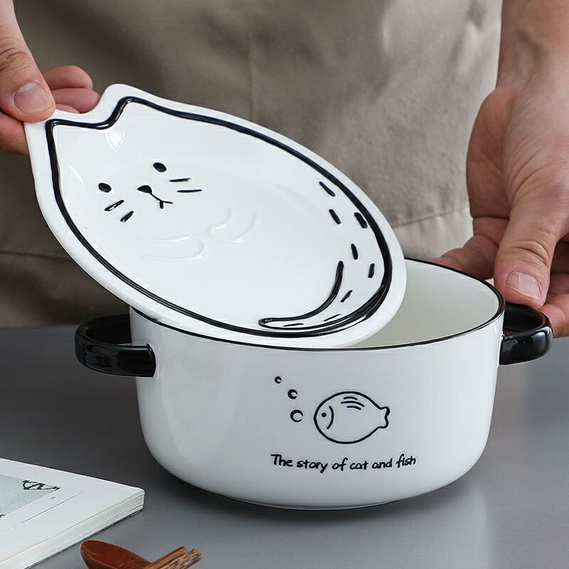 宿舍泡麵碗 日式陶瓷帶蓋可愛少女心陶瓷碗 可愛貓咪魚泡麵碗