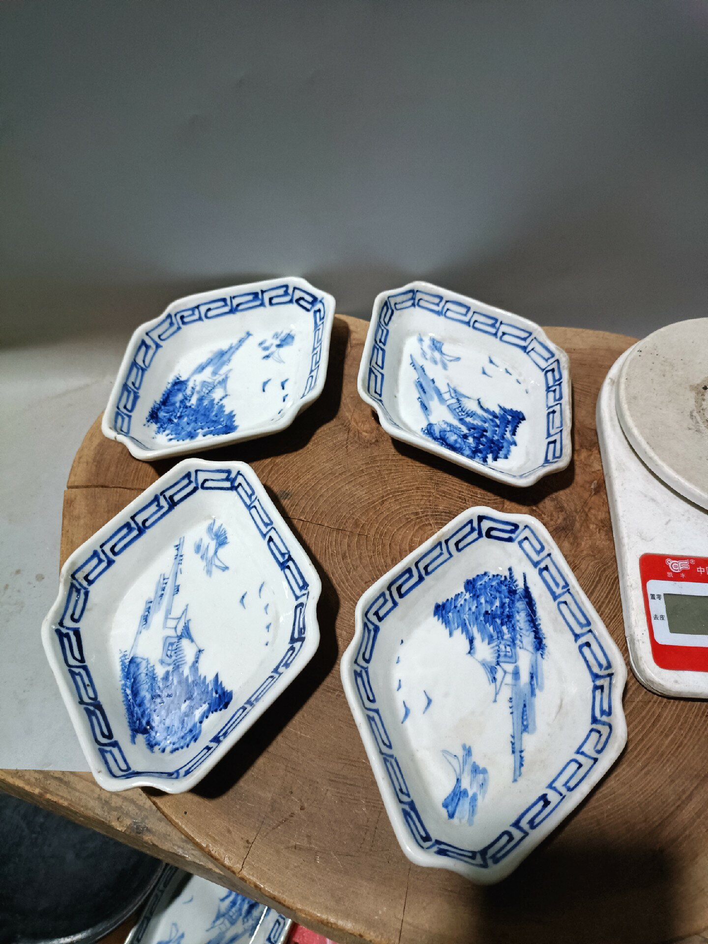 日本回流瓷器古董清代民國老青花山水盤4個，都是全品，沒毛病，