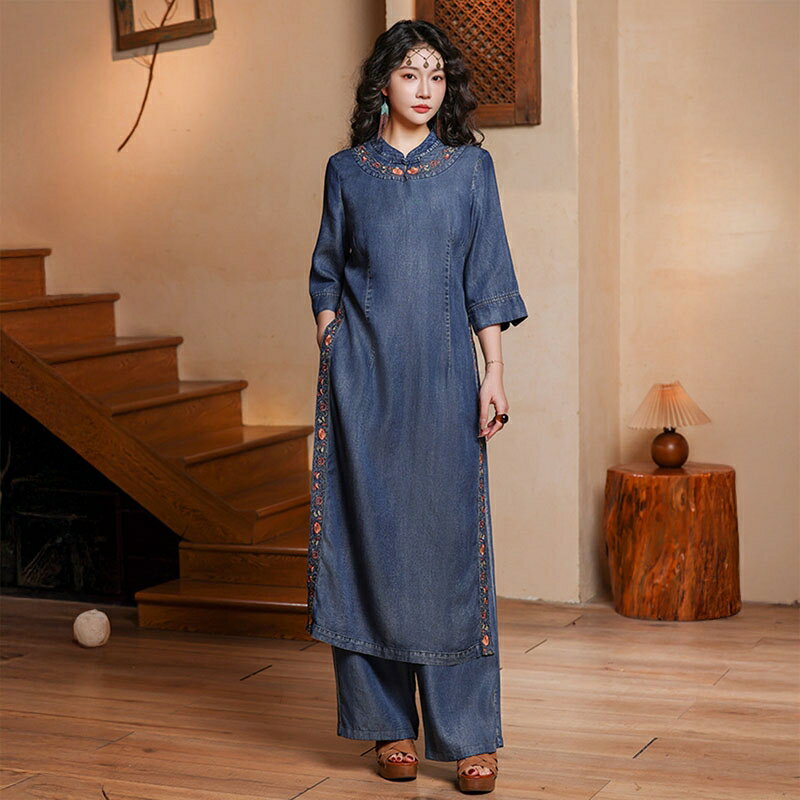 現貨+預購 新中式休閒套裝連身長褲裝(復古繡花旗袍牛仔民族風女裝74ku83)【獨家進口】【米蘭精品】