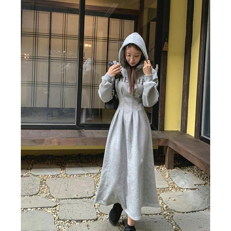 ANNAS 正韓字母連帽刷毛洋裝 腰身 縮腰 打折 長袖 長裙 長洋裝 連身裙 顯瘦 棉質 保暖 刷絨 韓國 7