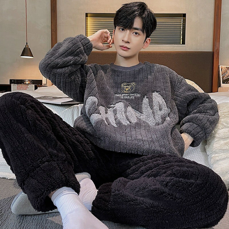 睡衣 男 秋冬季 珊瑚絨 加絨 加厚 保暖 法蘭絨 冬天 青少年 男款 大碼 家居服 冬季家居服 舒適保暖