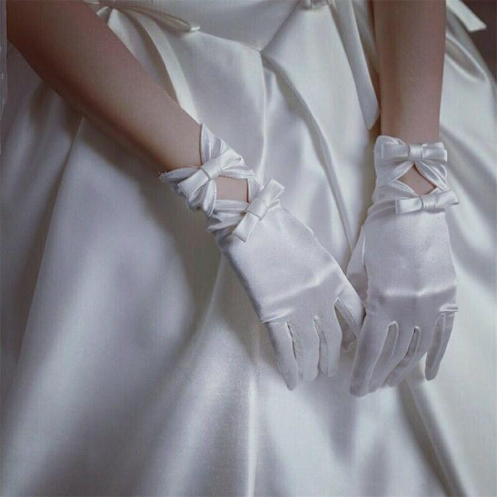 新娘手套 新娘婚紗手套蕾絲白色蝴蝶結結婚手套婚慶婚禮手套短款緞面手套 全館免運