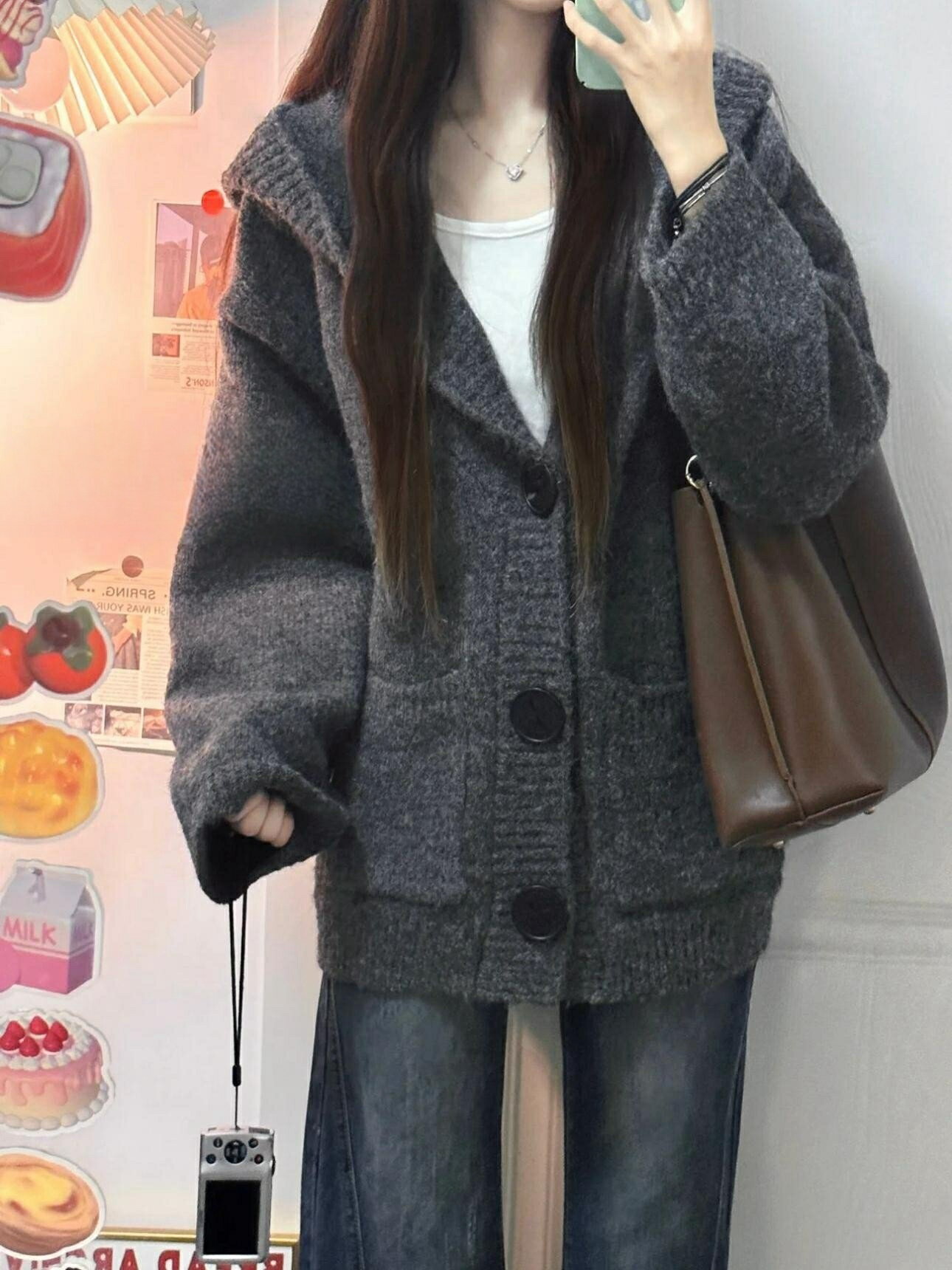 加厚版！慵懶風連帽單排扣毛衣開衫女秋冬新款韓版寬松針織衫外套【雲木雜貨】