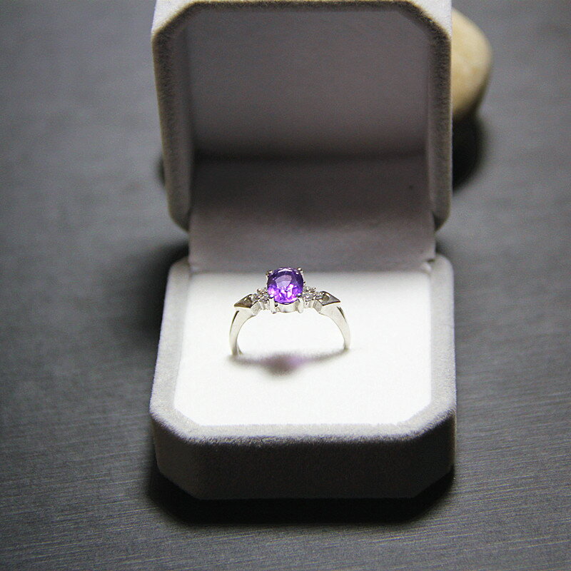925純銀鑲嵌天然紫水晶戒指指環 天然紫色水晶戒指女戒指時尚韓版1入