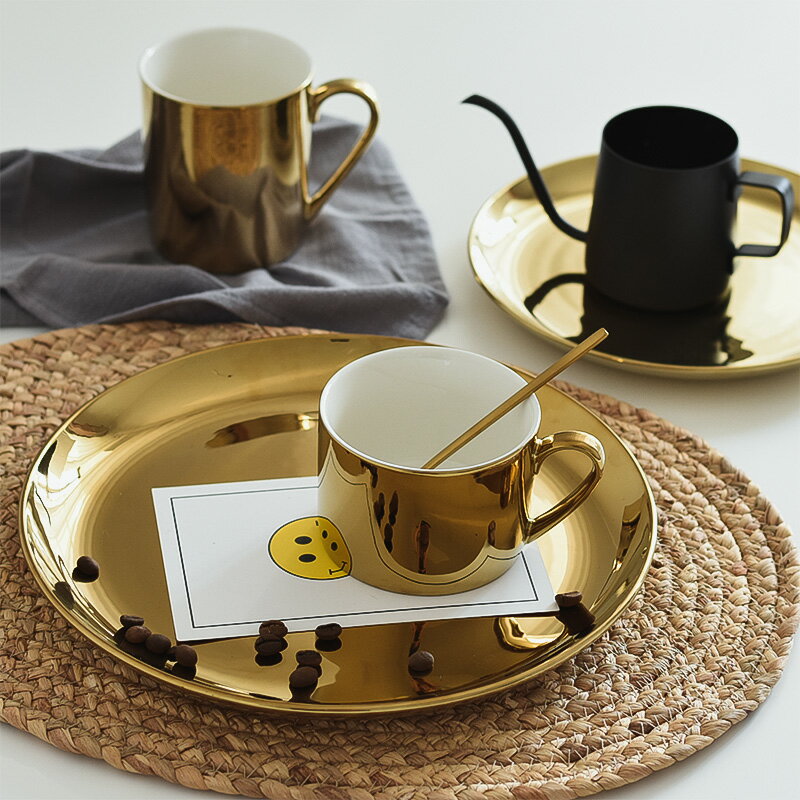 北歐金色鍍金陶瓷盤收納托盤甜點盤早餐盤水果盤子 咖啡杯馬克杯1入