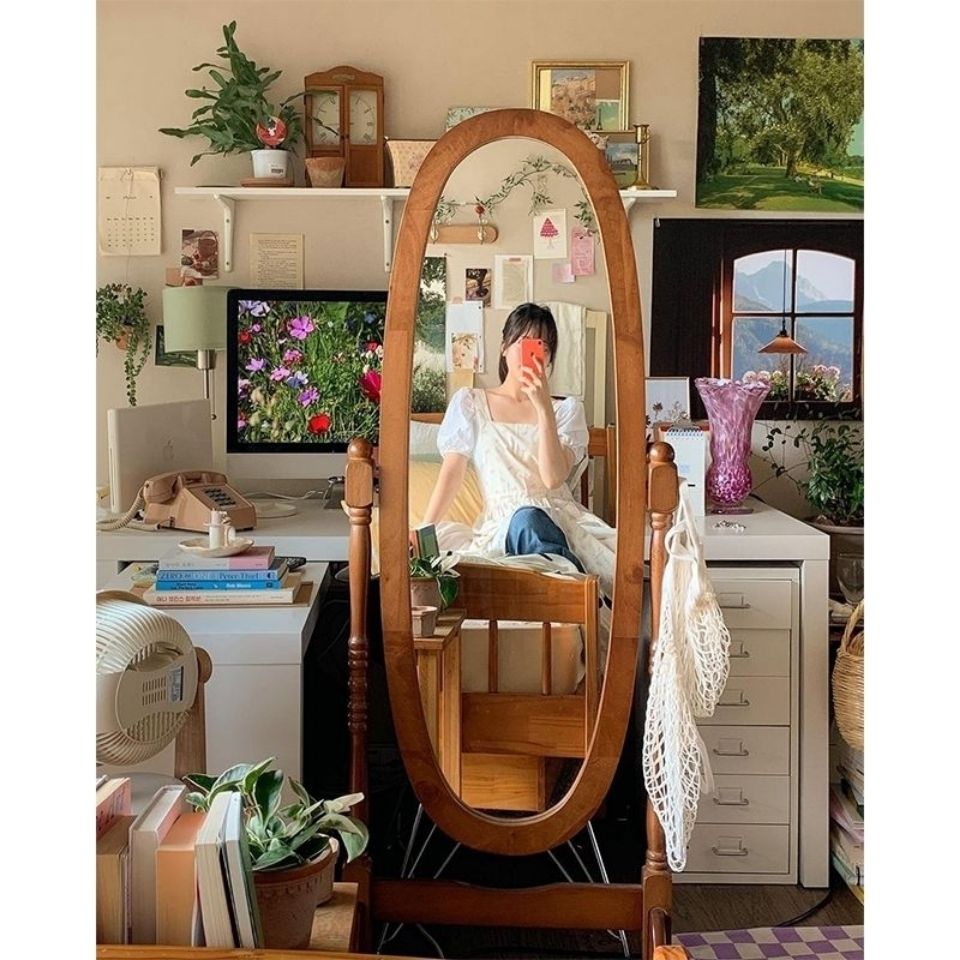 韓國博主同款ins風落地鏡臥室復古法式女顯瘦示穿衣鏡