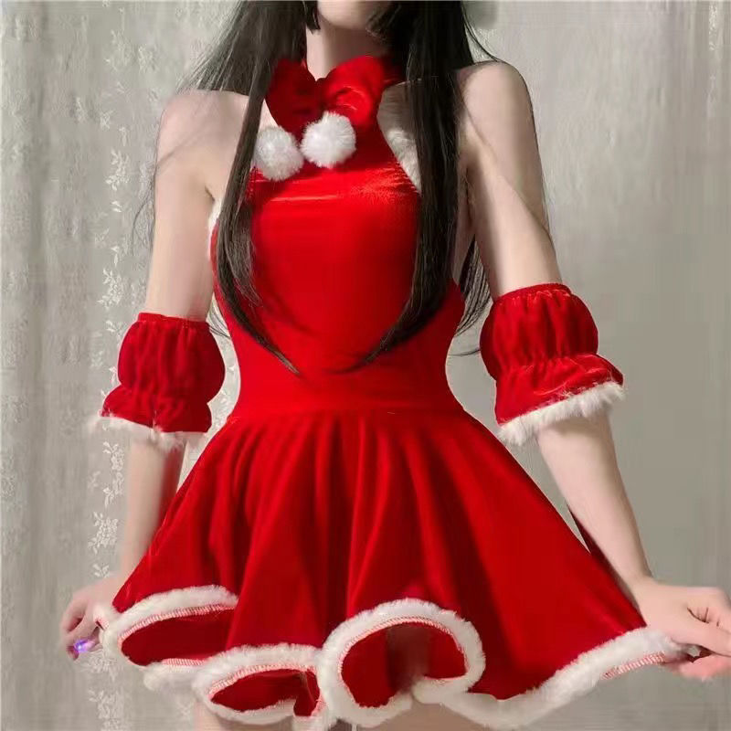 【最低價 公司貨】巨乖乖~你的情人節甜心性感圣誕戰裙紅顯胸大cos絲絨蝴蝶結連衣裙